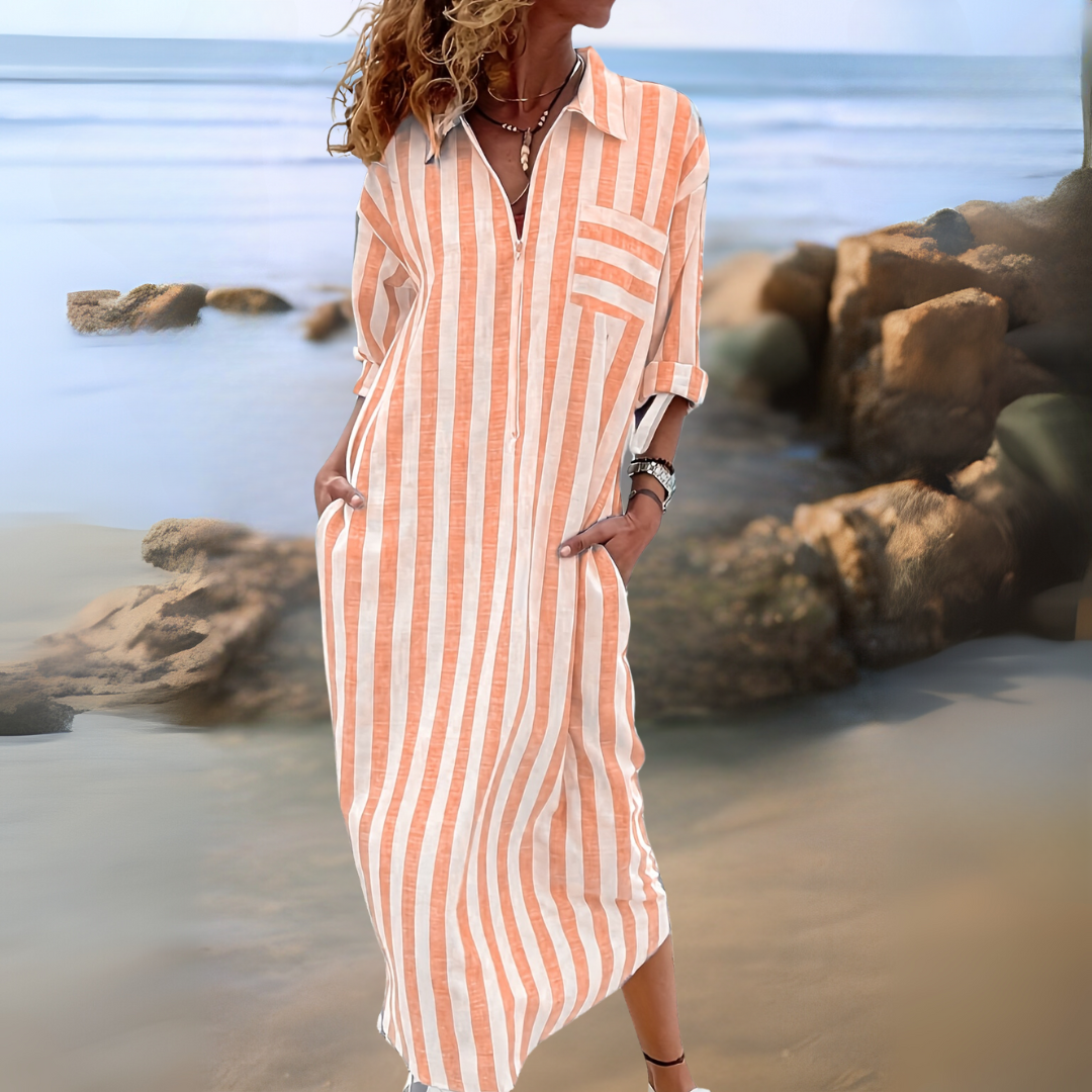 LOREA – Robe Chemise Rayée à Boutons Cachés