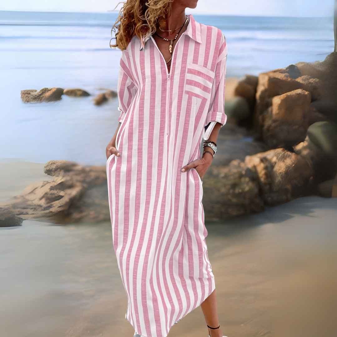LOREA – Robe Chemise Rayée à Boutons Cachés