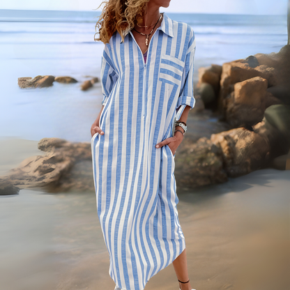 LOREA – Robe Chemise Rayée à Boutons Cachés